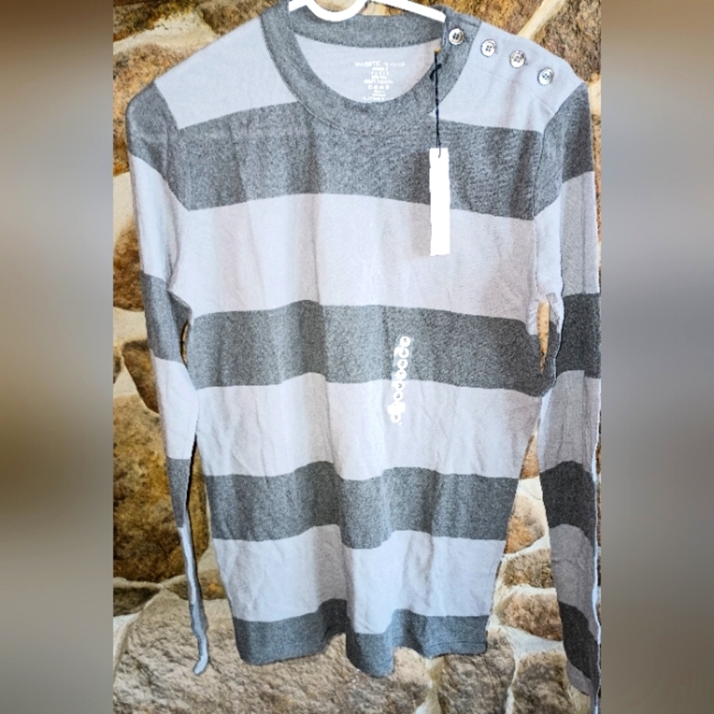 Majestic Filatures men's small grey striped wool long sleeve shirt